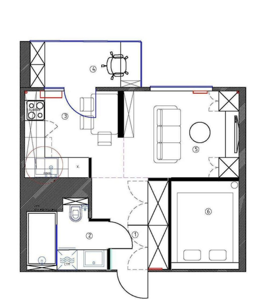 Однушка 36 м² с черной кухней и деревянным потолком в спальне